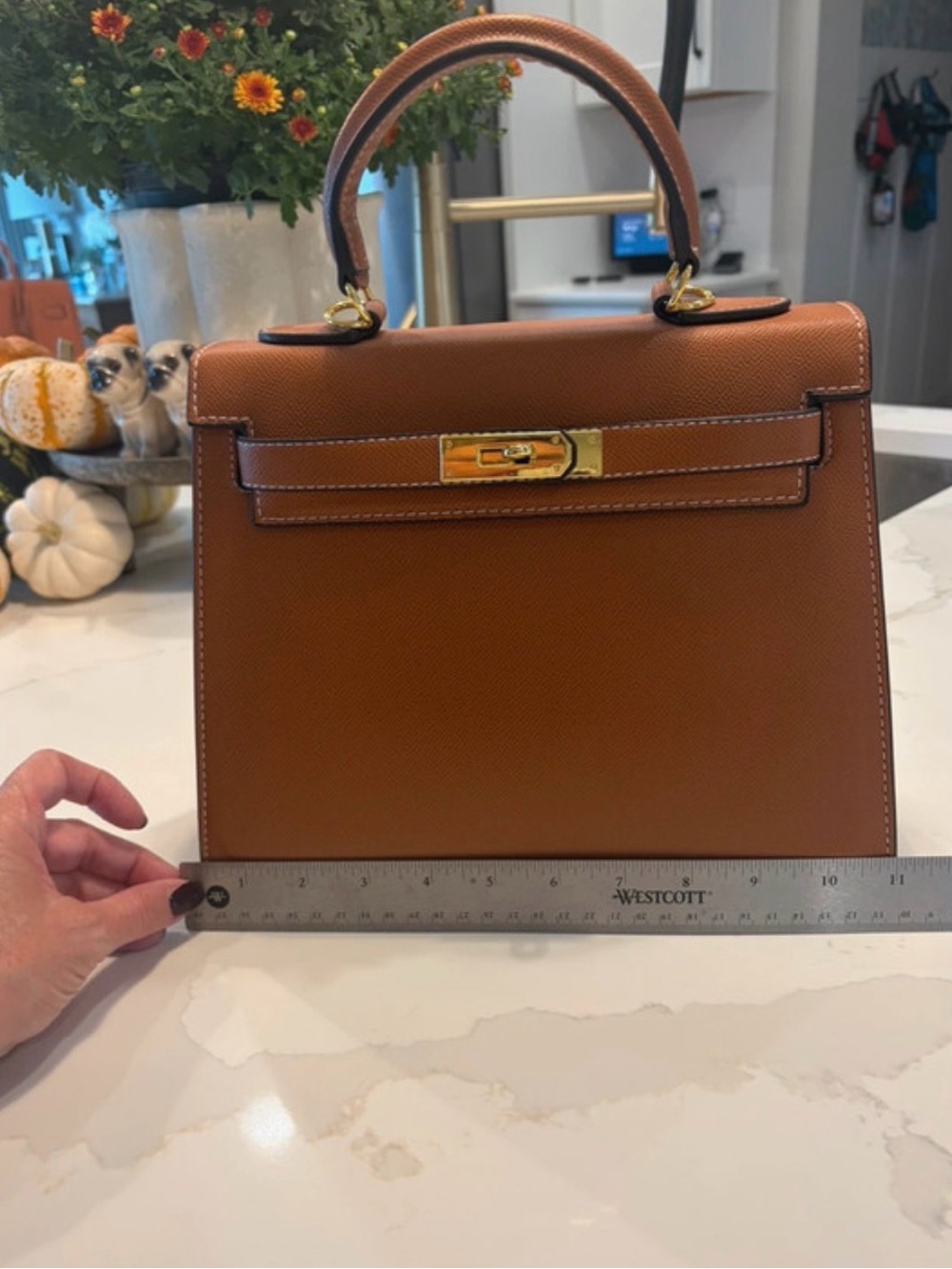 Brown Top Handle Structured Handbag with Gold Hardware - Picture 2 of 4